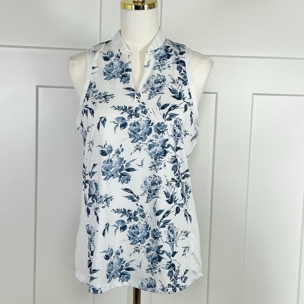 Waggle "In Bloom" Sleeveless Golf Polo Women's MED Blue Floral Performance Top